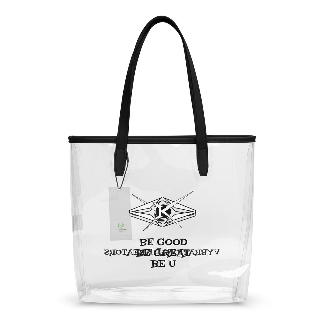 Clear tote bag by Vybrational Kreators with transparent body black shoulder straps and printed logo and slogan on the front.
