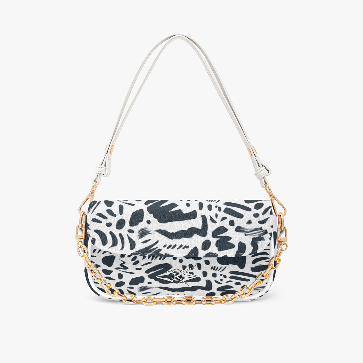 Handbag with abstract pattern and gold chain detail on a white background