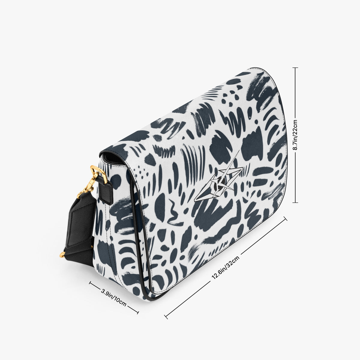 Patterned handbag with dimensions on a white background
