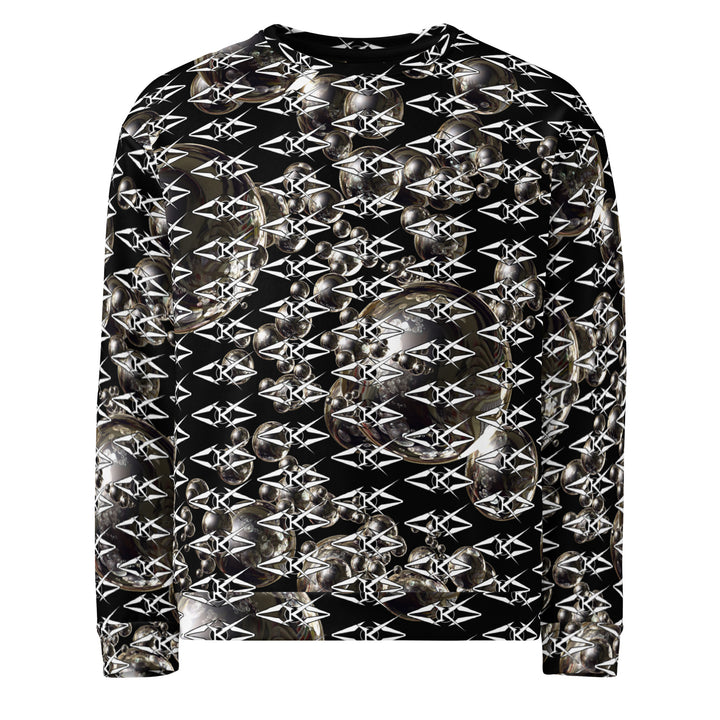 Black unisex sweatshirt featuring an all-over obsidian halo design with metallic sphere graphics and repeating VYBRATIONAL KREATORS monogram pattern on a sleek black background.