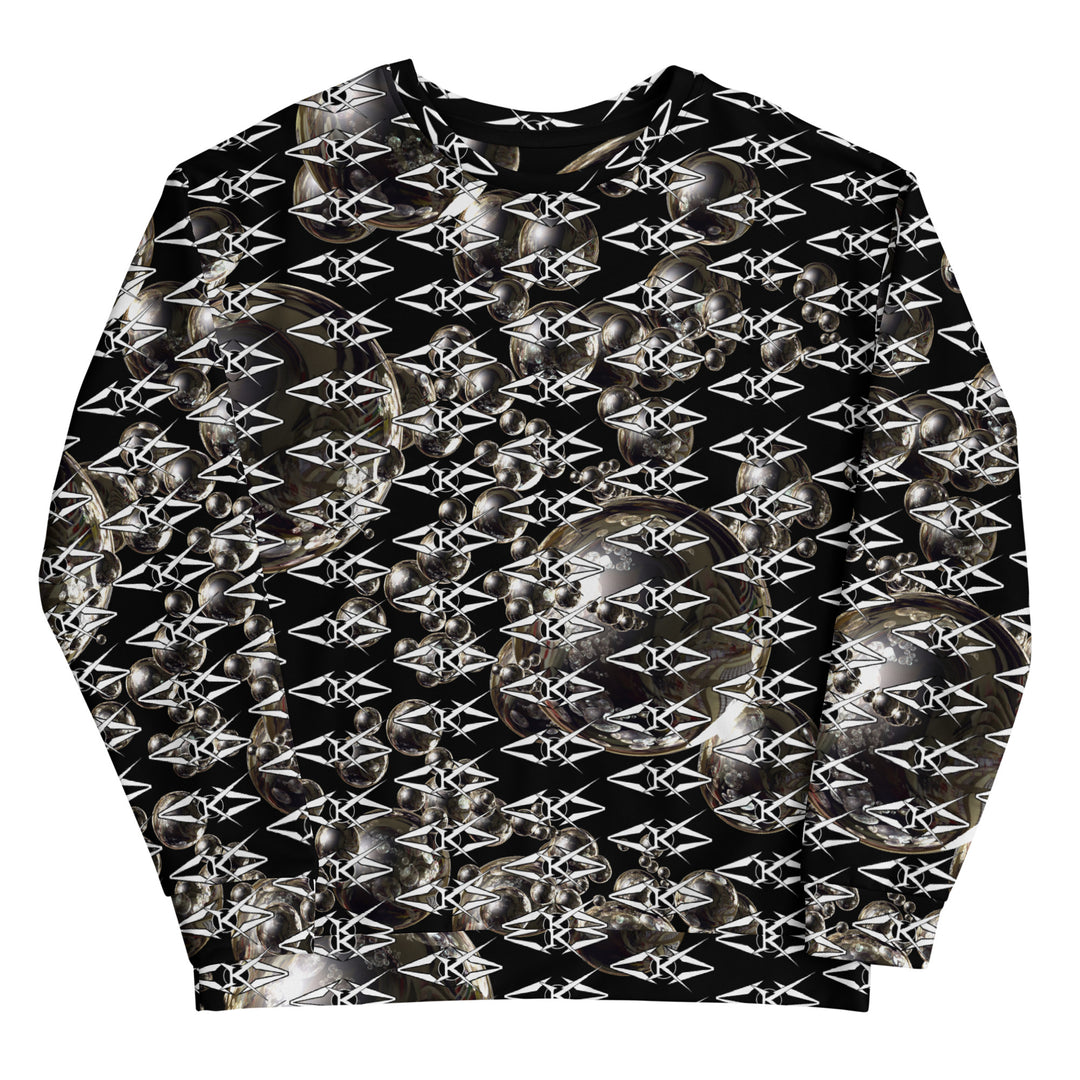 Black unisex sweatshirt featuring an all-over obsidian halo design with metallic sphere graphics and repeating VYBRATIONAL KREATORS monogram pattern on a sleek black background.