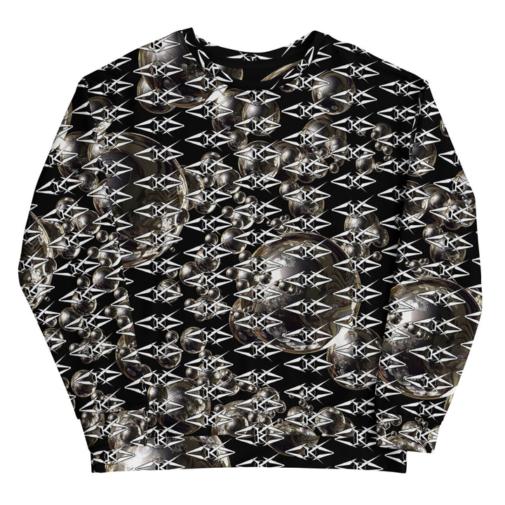 Black unisex sweatshirt featuring an all-over obsidian halo design with metallic sphere graphics and repeating VYBRATIONAL KREATORS monogram pattern on a sleek black background.