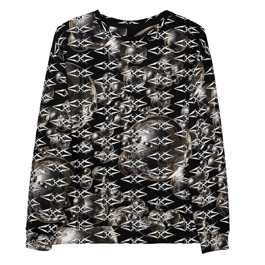 Black unisex sweatshirt featuring an all-over obsidian halo design with metallic sphere graphics and repeating VYBRATIONAL KREATORS monogram pattern on a sleek black background.