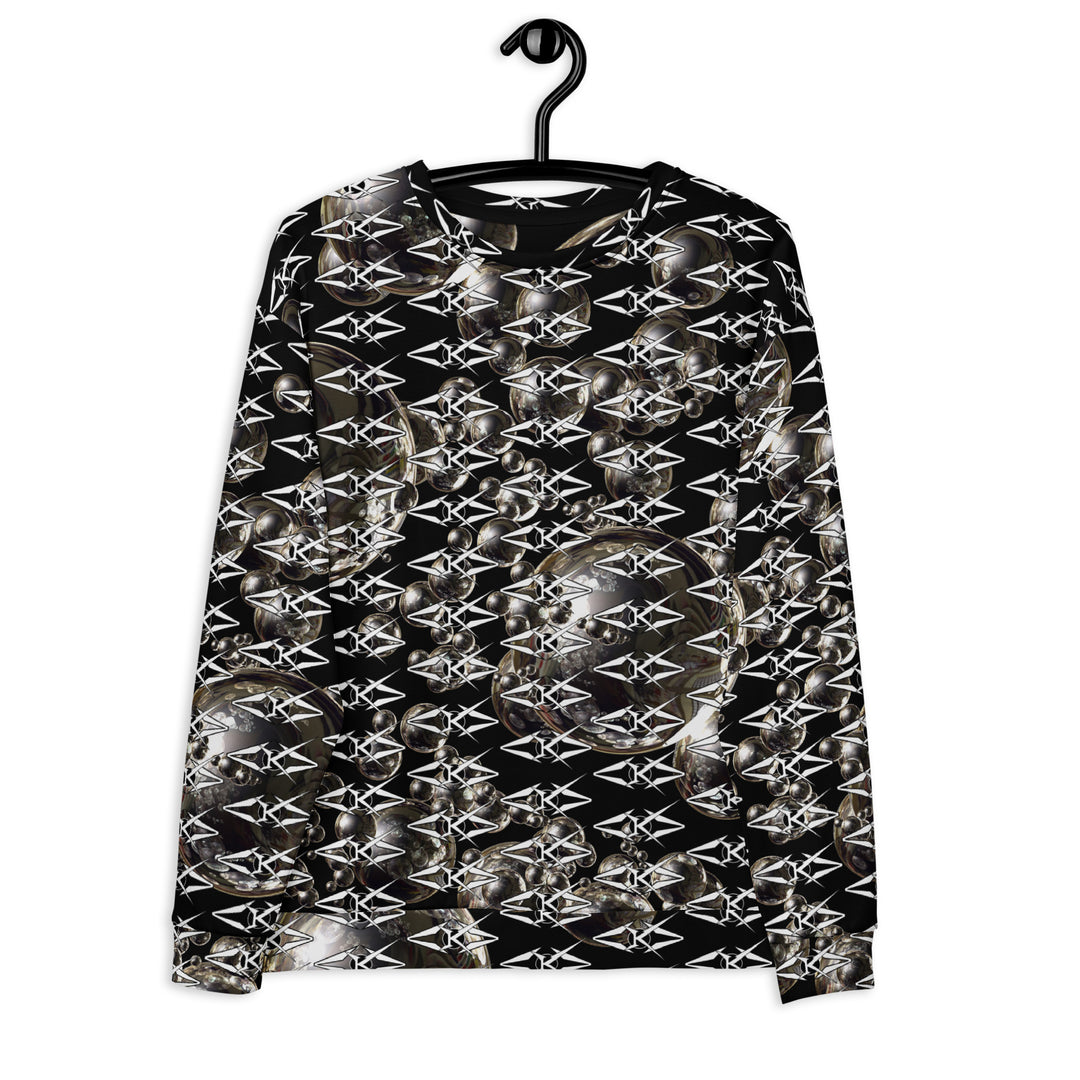 Black unisex sweatshirt featuring an all-over obsidian halo design with metallic sphere graphics and repeating VYBRATIONAL KREATORS monogram pattern on a sleek black background.