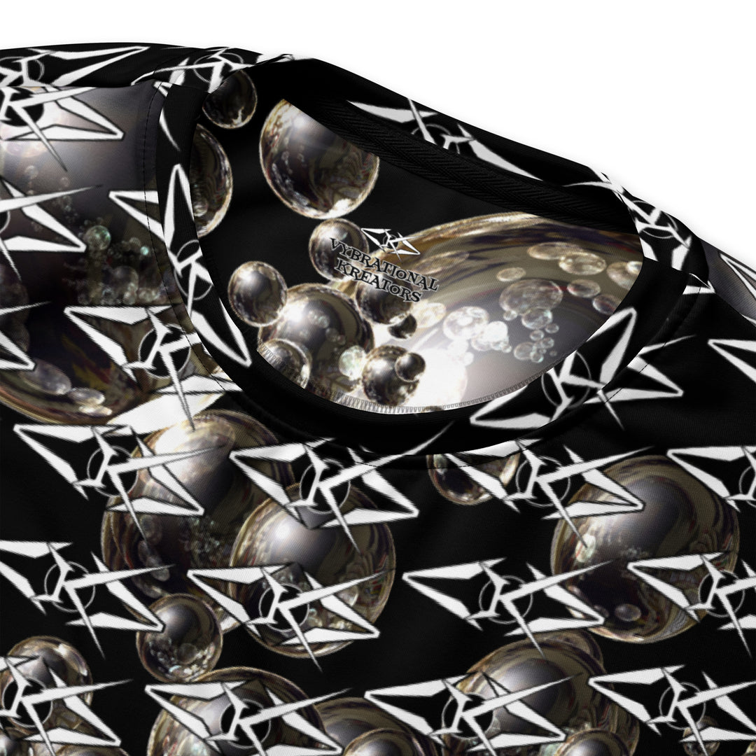 Black unisex sweatshirt featuring an all-over obsidian halo design with metallic sphere graphics and repeating VYBRATIONAL KREATORS monogram pattern on a sleek black background.