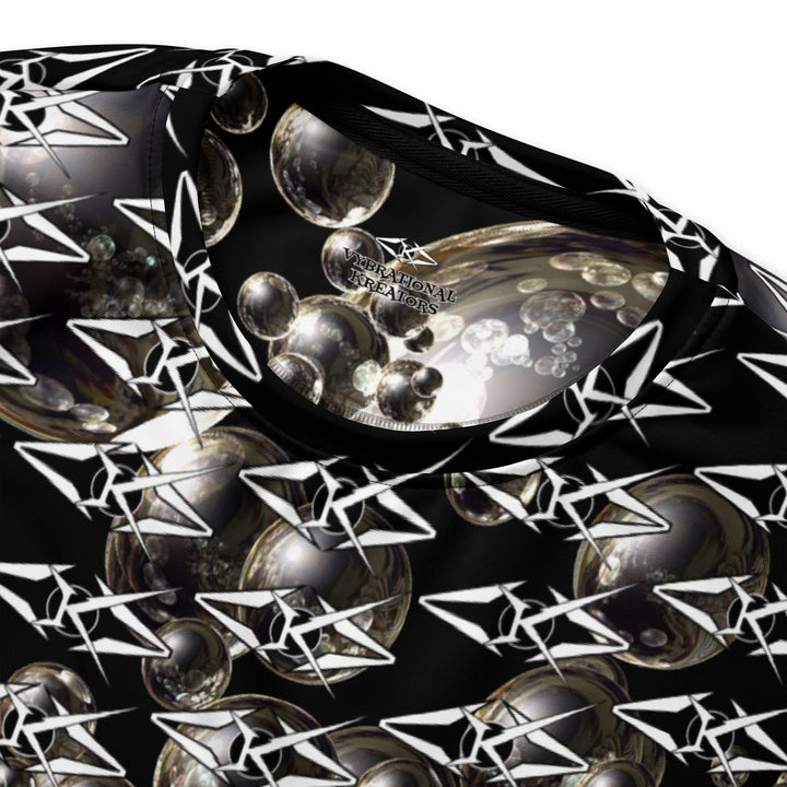 Black unisex sweatshirt featuring an all-over obsidian halo design with metallic sphere graphics and repeating VYBRATIONAL KREATORS monogram pattern on a sleek black background.