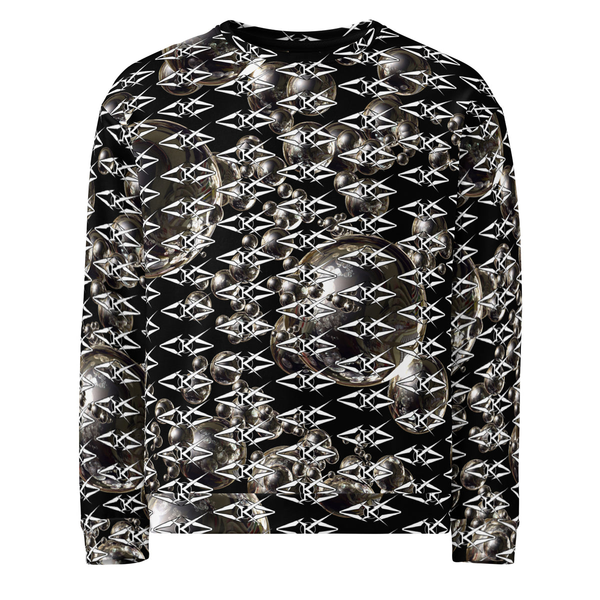Black unisex sweatshirt featuring an all-over obsidian halo design with metallic sphere graphics and repeating VYBRATIONAL KREATORS monogram pattern on a sleek black background.