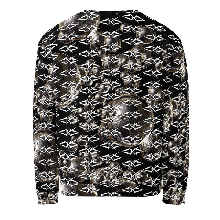 Black unisex sweatshirt featuring an all-over obsidian halo design with metallic sphere graphics and repeating VYBRATIONAL KREATORS monogram pattern on a sleek black background.