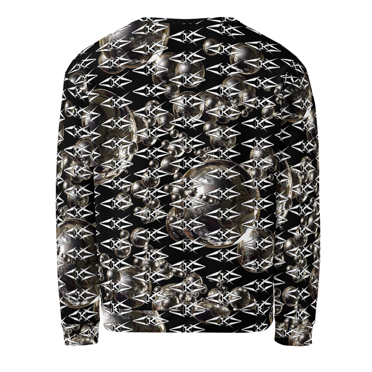 Black unisex sweatshirt featuring an all-over obsidian halo design with metallic sphere graphics and repeating VYBRATIONAL KREATORS monogram pattern on a sleek black background.