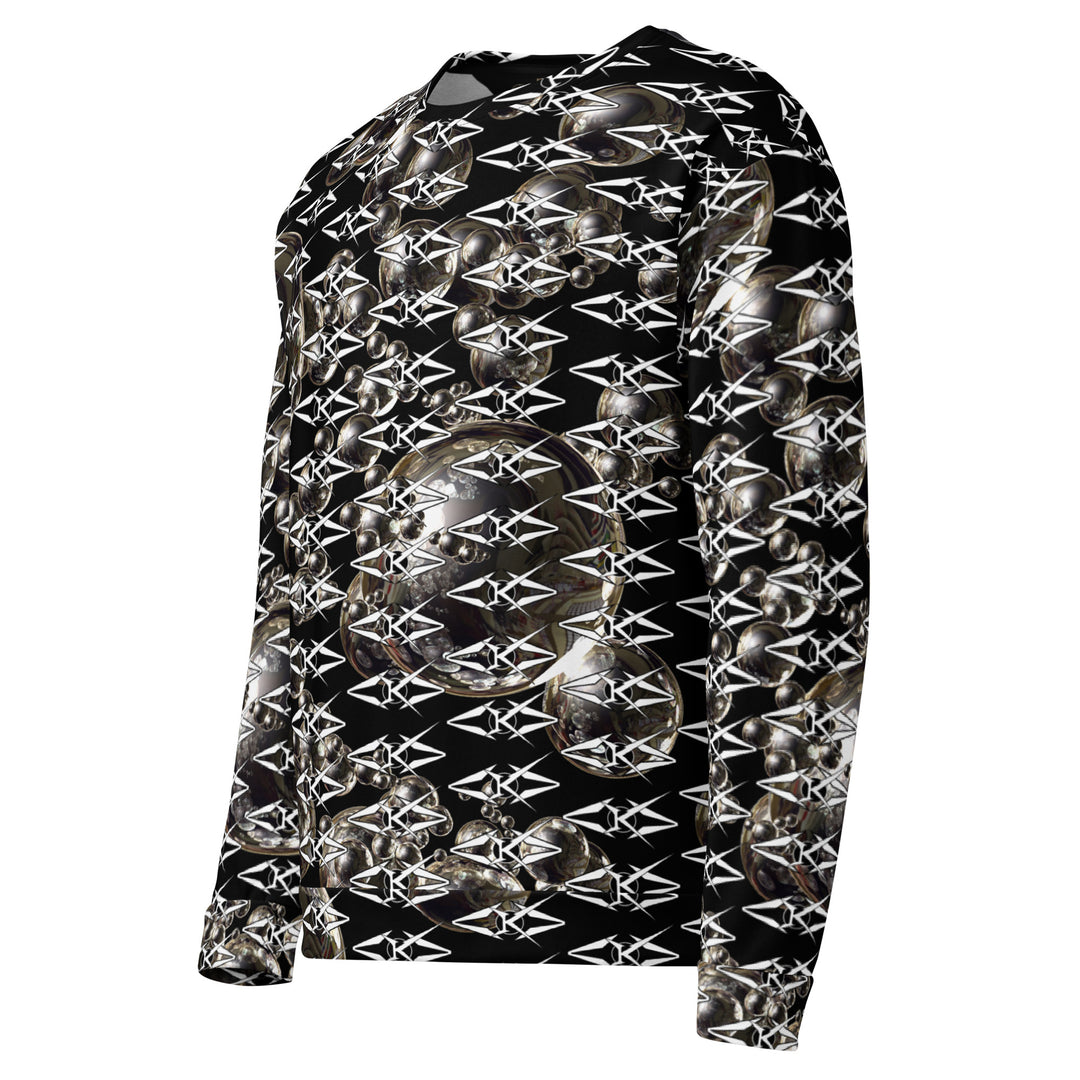 Black unisex sweatshirt featuring an all-over obsidian halo design with metallic sphere graphics and repeating VYBRATIONAL KREATORS monogram pattern on a sleek black background.