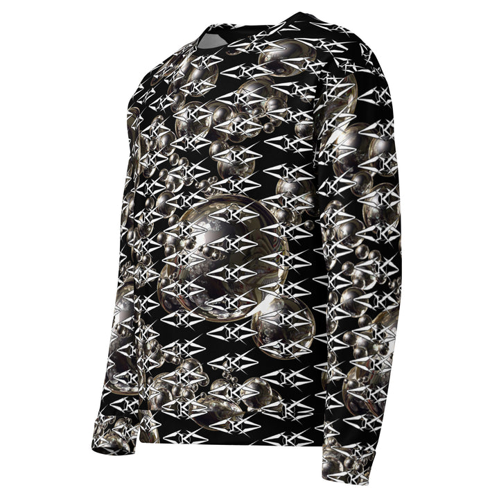 Black unisex sweatshirt featuring an all-over obsidian halo design with metallic sphere graphics and repeating VYBRATIONAL KREATORS monogram pattern on a sleek black background.