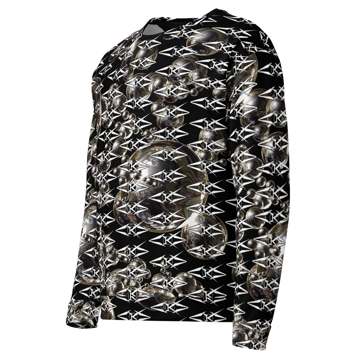 Black unisex sweatshirt featuring an all-over obsidian halo design with metallic sphere graphics and repeating VYBRATIONAL KREATORS monogram pattern on a sleek black background.