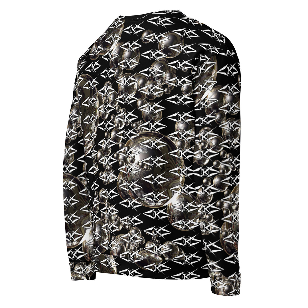 Black unisex sweatshirt featuring an all-over obsidian halo design with metallic sphere graphics and repeating VYBRATIONAL KREATORS monogram pattern on a sleek black background.