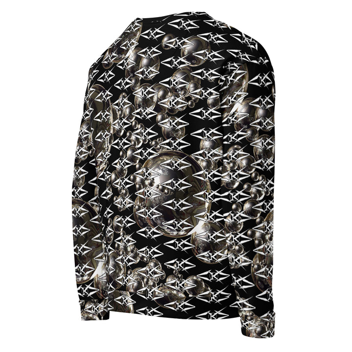 Black unisex sweatshirt featuring an all-over obsidian halo design with metallic sphere graphics and repeating VYBRATIONAL KREATORS monogram pattern on a sleek black background.