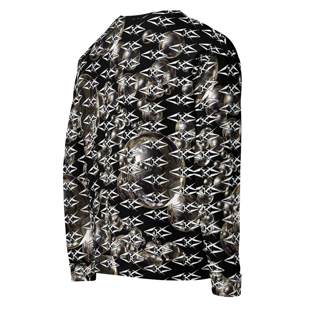Black unisex sweatshirt featuring an all-over obsidian halo design with metallic sphere graphics and repeating VYBRATIONAL KREATORS monogram pattern on a sleek black background.