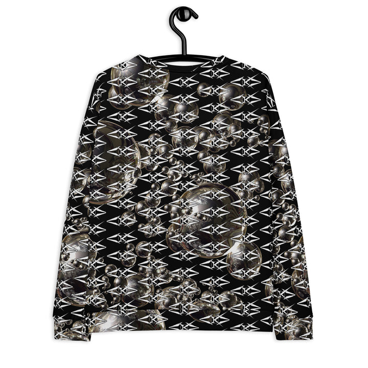 Black unisex sweatshirt featuring an all-over obsidian halo design with metallic sphere graphics and repeating VYBRATIONAL KREATORS monogram pattern on a sleek black background.