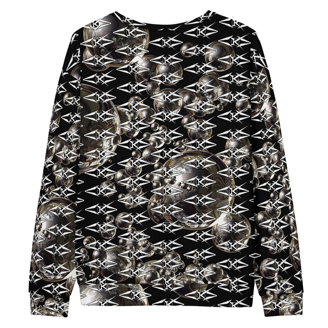 Black unisex sweatshirt featuring an all-over obsidian halo design with metallic sphere graphics and repeating VYBRATIONAL KREATORS monogram pattern on a sleek black background.