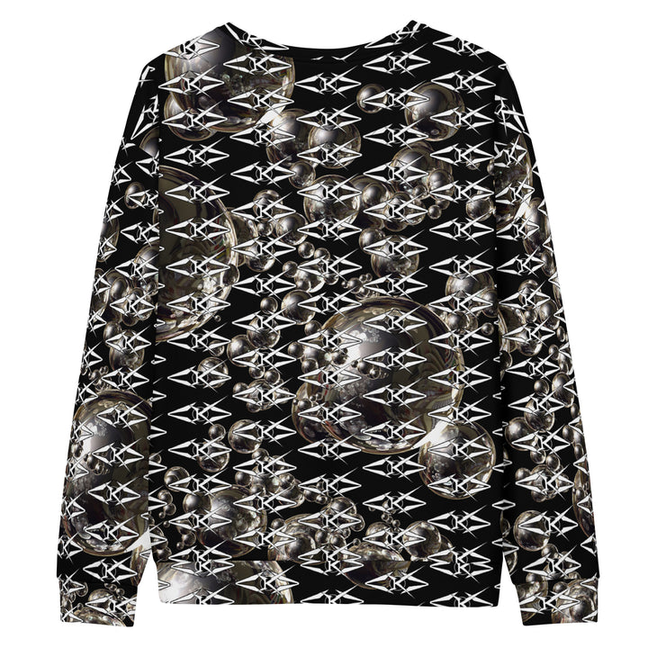 Black unisex sweatshirt featuring an all-over obsidian halo design with metallic sphere graphics and repeating VYBRATIONAL KREATORS monogram pattern on a sleek black background.