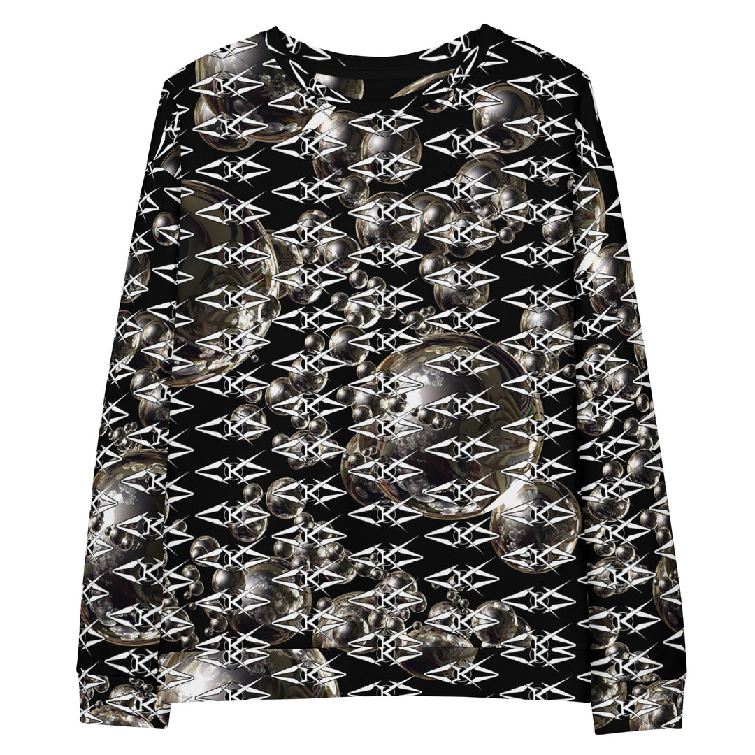 Black unisex sweatshirt featuring an all-over obsidian halo design with metallic sphere graphics and repeating VYBRATIONAL KREATORS monogram pattern on a sleek black background.