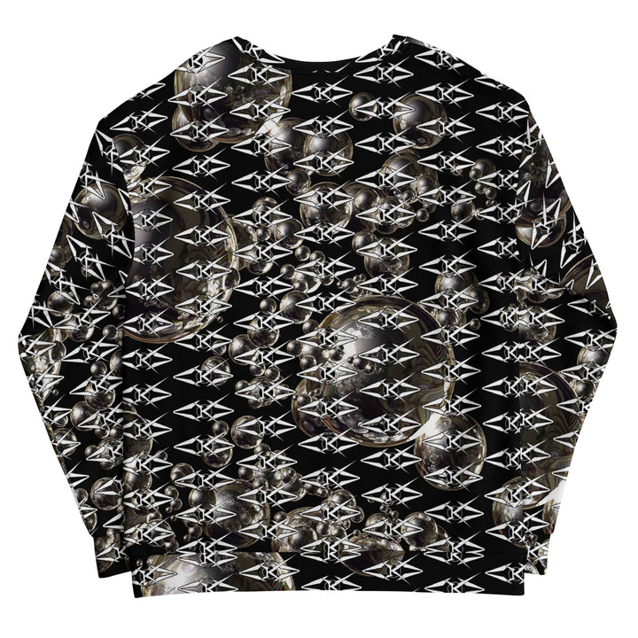 Black unisex sweatshirt featuring an all-over obsidian halo design with metallic sphere graphics and repeating VYBRATIONAL KREATORS monogram pattern on a sleek black background.