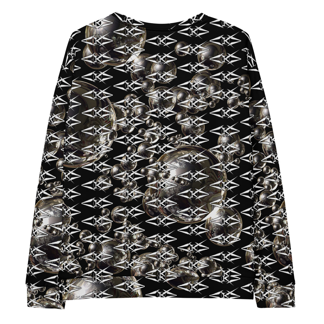 Black unisex sweatshirt featuring an all-over obsidian halo design with metallic sphere graphics and repeating VYBRATIONAL KREATORS monogram pattern on a sleek black background.