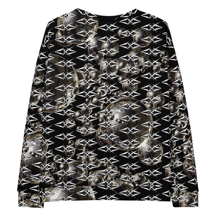 Black unisex sweatshirt featuring an all-over obsidian halo design with metallic sphere graphics and repeating VYBRATIONAL KREATORS monogram pattern on a sleek black background.