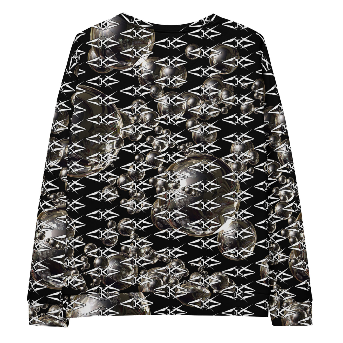 Black unisex sweatshirt featuring an all-over obsidian halo design with metallic sphere graphics and repeating VYBRATIONAL KREATORS monogram pattern on a sleek black background.