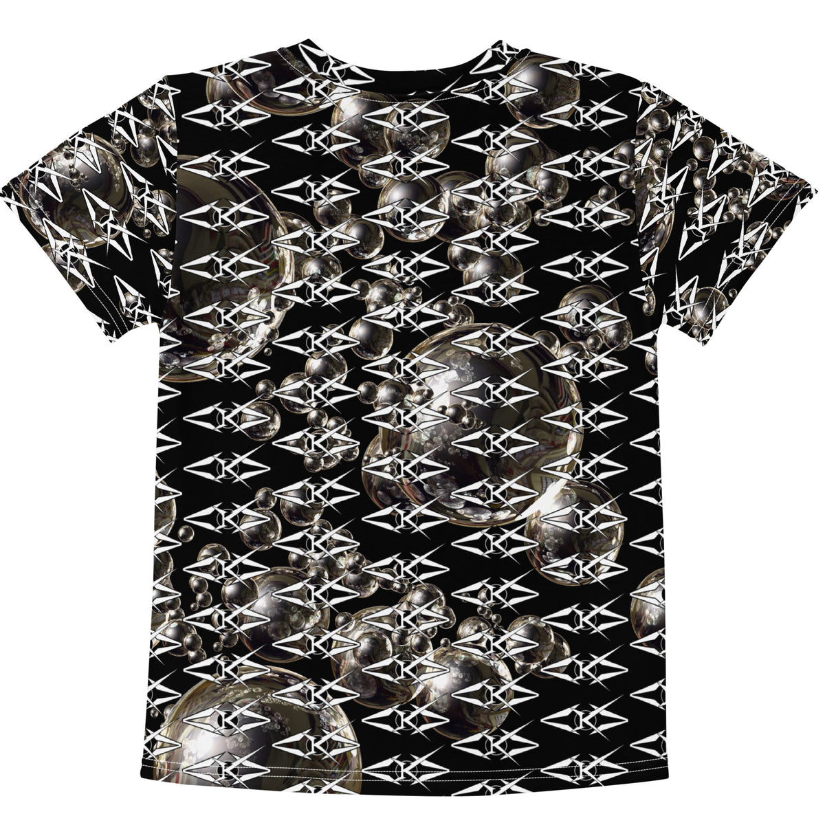 Black t-shirt with white geometric pattern on a white background