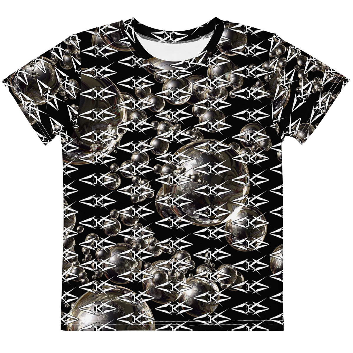 T-shirt with a black and white geometric pattern on a white background