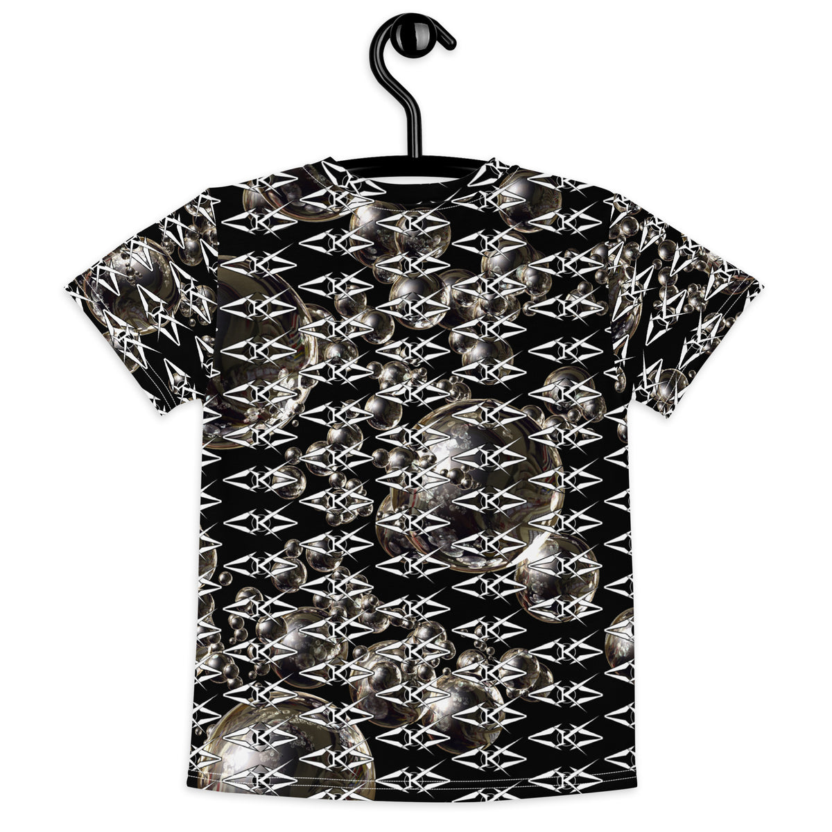 T-shirt with geometric pattern on a hanger against a white background