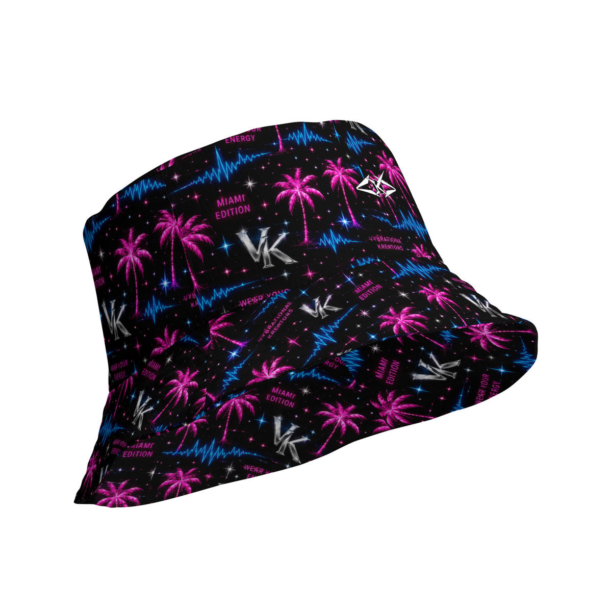 Miami Frequency Bucket Hat by Vybrational Kreators featuring neon pink palm trees, blue frequency waves, luxury streetwear all-over print design.