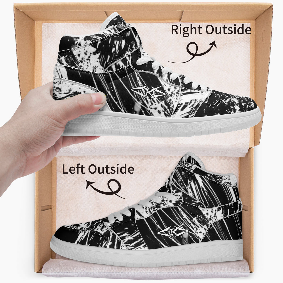 Black and white sneakers being placed into a cardboard shoe box with 'Right Outside' and 'Left Outside' labels.