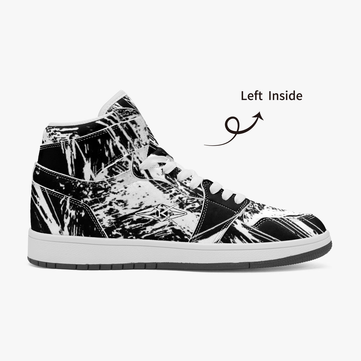 Black and white high-top sneaker with abstract design on a white background