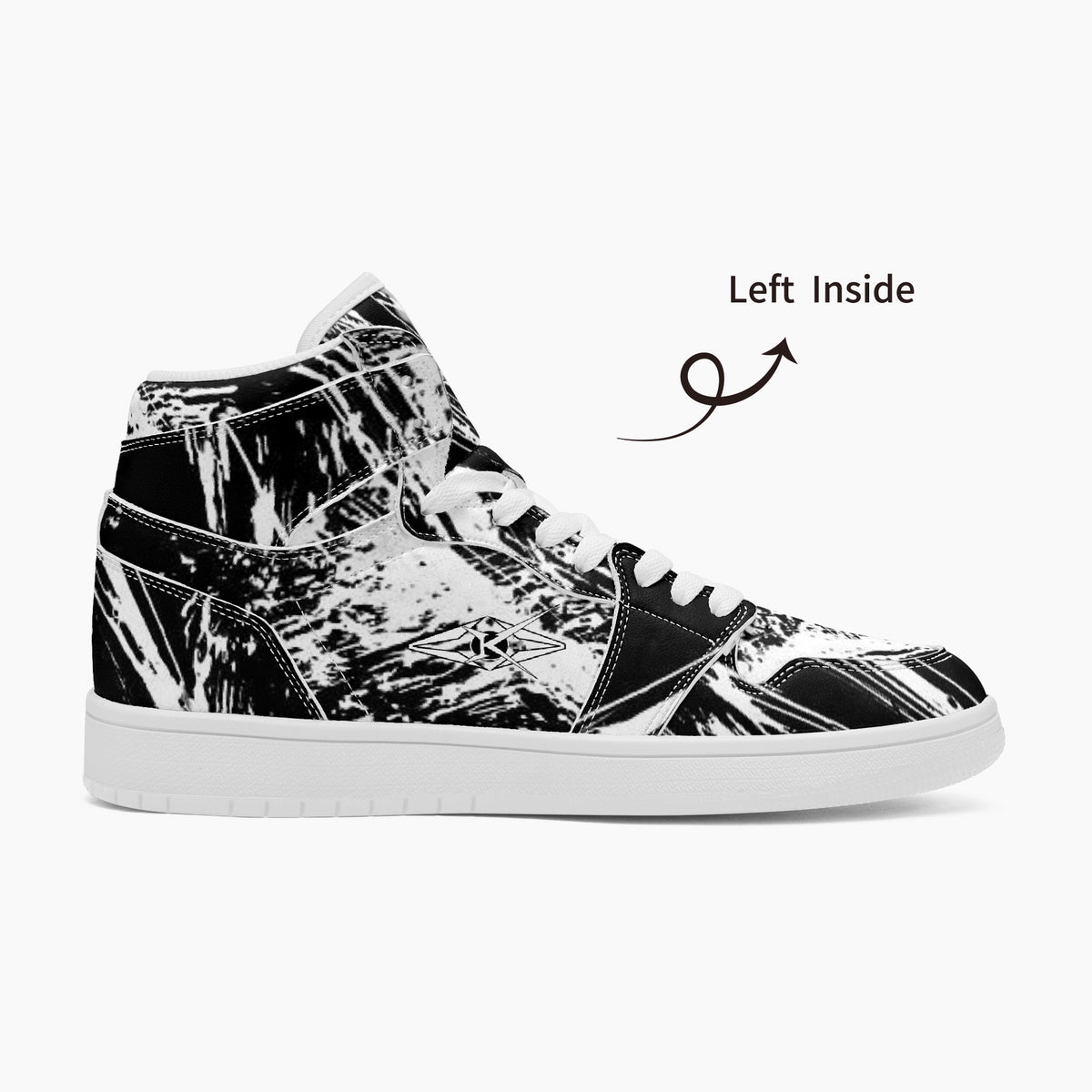 Black and white high-top sneaker with abstract pattern on a white background