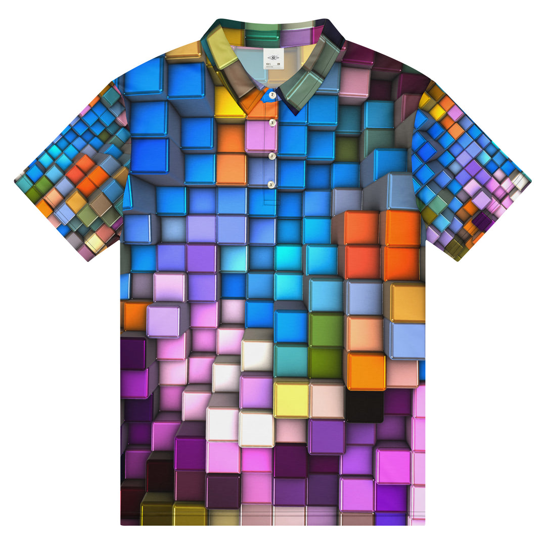 PRISMØR™ Polo by VYBRATIONAL KREATORS featuring a vibrant rainbow cubed geometric pattern with a slim-fit silhouette and classic polo collar