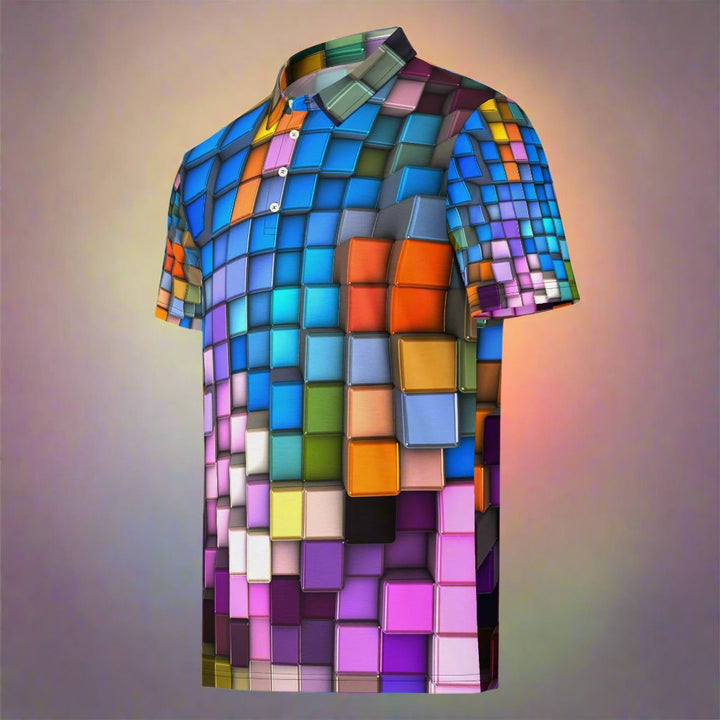 PRISMØR™ Polo by VYBRATIONAL KREATORS featuring a vibrant rainbow cubed geometric pattern with a slim-fit silhouette and classic polo collar