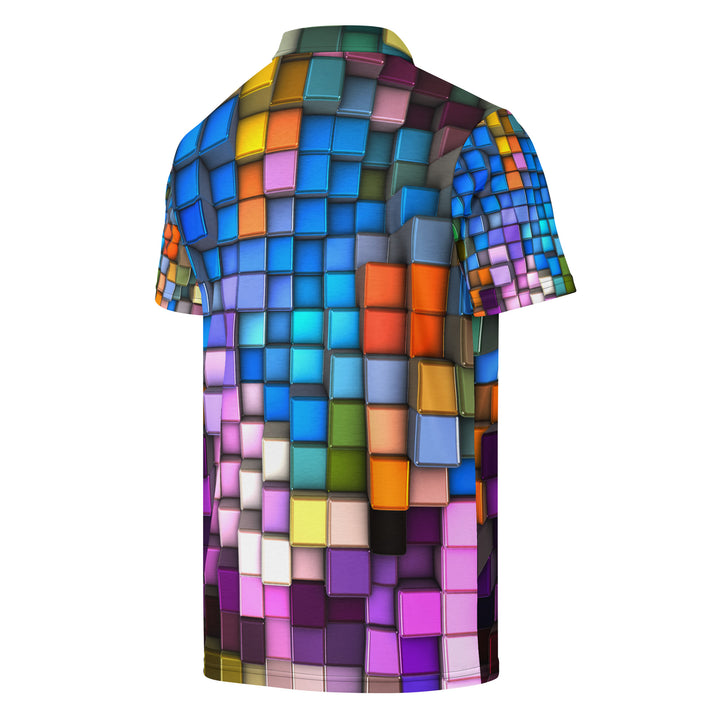 PRISMØR™ Polo by VYBRATIONAL KREATORS featuring a vibrant rainbow cubed geometric pattern with a slim-fit silhouette and classic polo collar