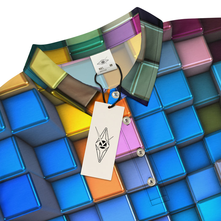 PRISMØR™ Polo by VYBRATIONAL KREATORS featuring a vibrant rainbow cubed geometric pattern with a slim-fit silhouette and classic polo collar