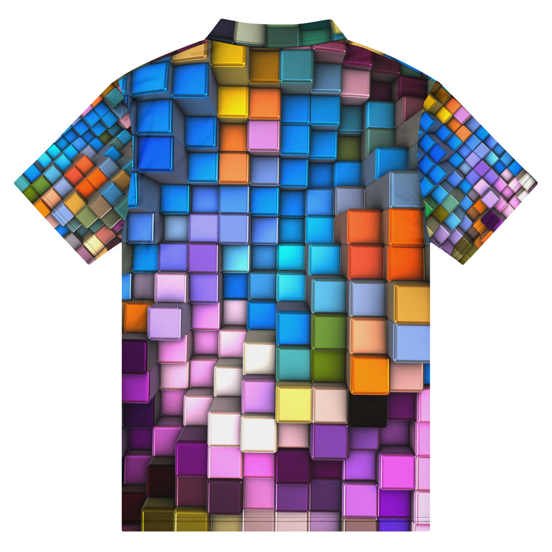 PRISMØR™ Polo by VYBRATIONAL KREATORS featuring a vibrant rainbow cubed geometric pattern with a slim-fit silhouette and classic polo collar