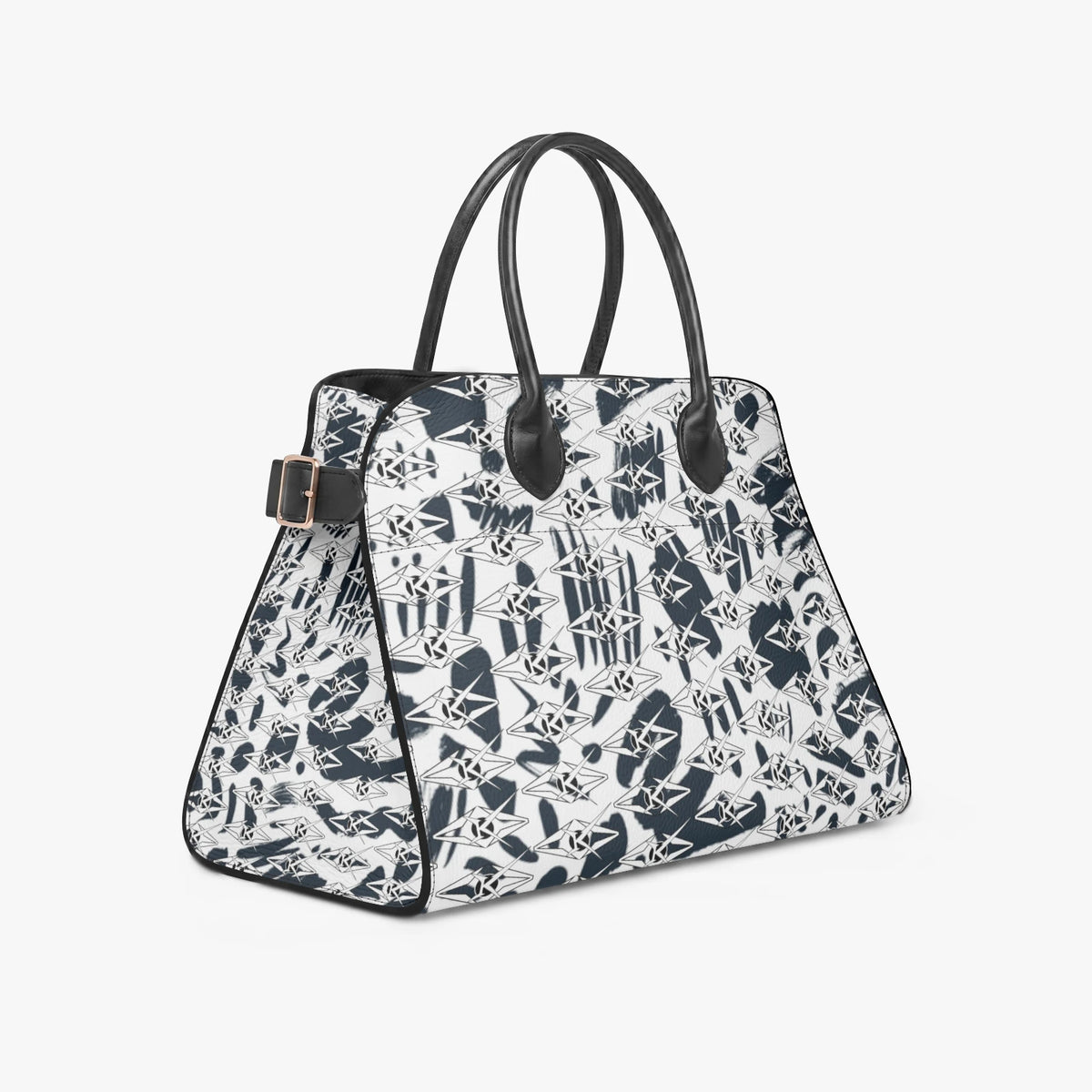 A structured handbag with a black and white abstract pattern, featuring black leather handles and a small silver buckle detail on the side, set against a plain light gray background.