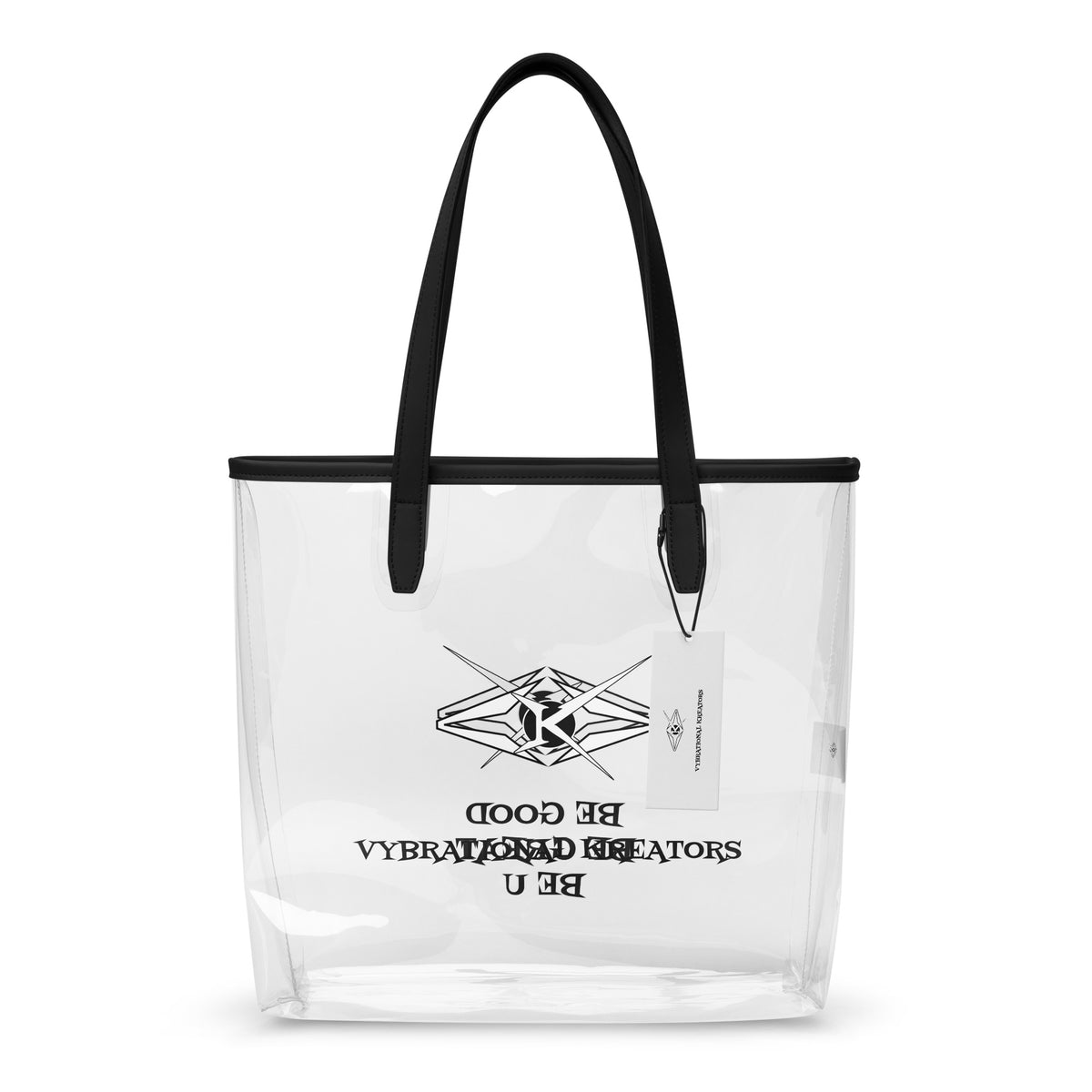 Clear tote bag by Vybrational Kreators with transparent body black shoulder straps and printed logo and slogan on the front.