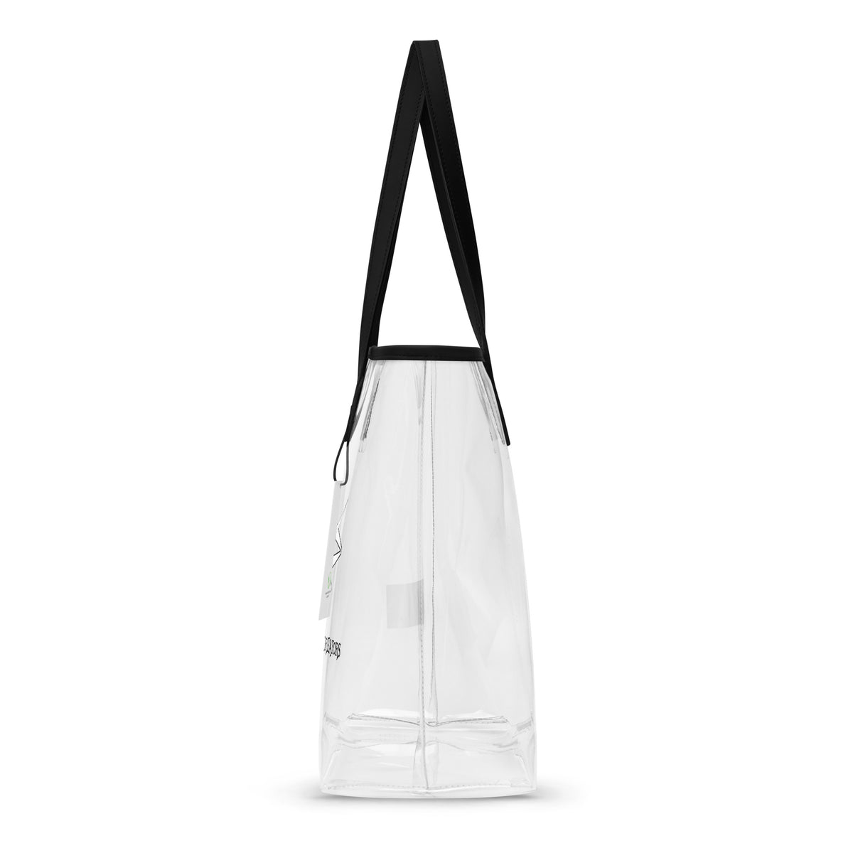 Clear tote bag by Vybrational Kreators with transparent body black shoulder straps and printed logo and slogan on the front.