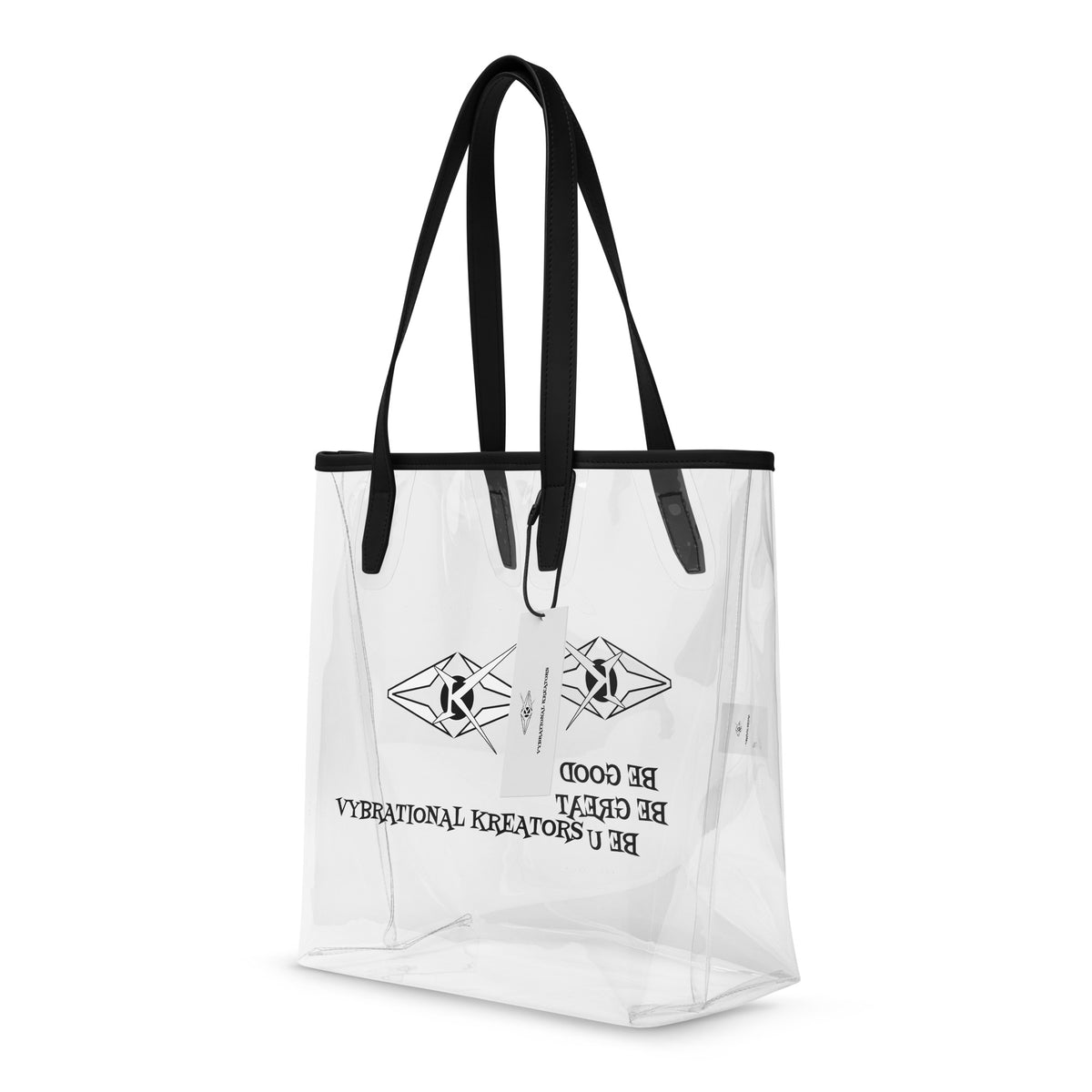 Clear tote bag by Vybrational Kreators with transparent body black shoulder straps and printed logo and slogan on the front.