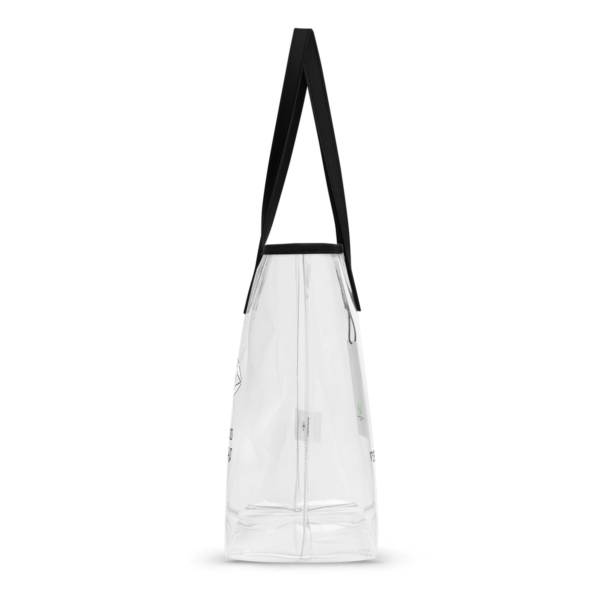 Clear tote bag by Vybrational Kreators with transparent body black shoulder straps and printed logo and slogan on the front.