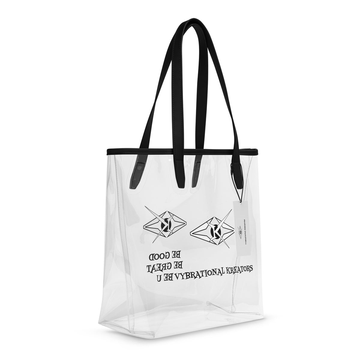 Clear tote bag by Vybrational Kreators with transparent body black shoulder straps and printed logo and slogan on the front.